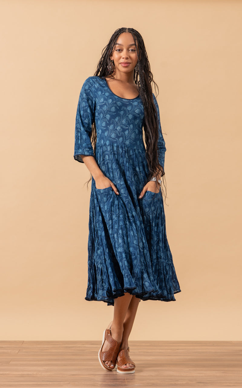 Santa Fe Dress, Long, 3/4 Sleeve, Tula Indigo