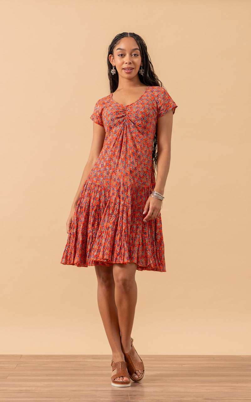 Paloma Dress, Short, Cap Sleeve, Orange Calico
