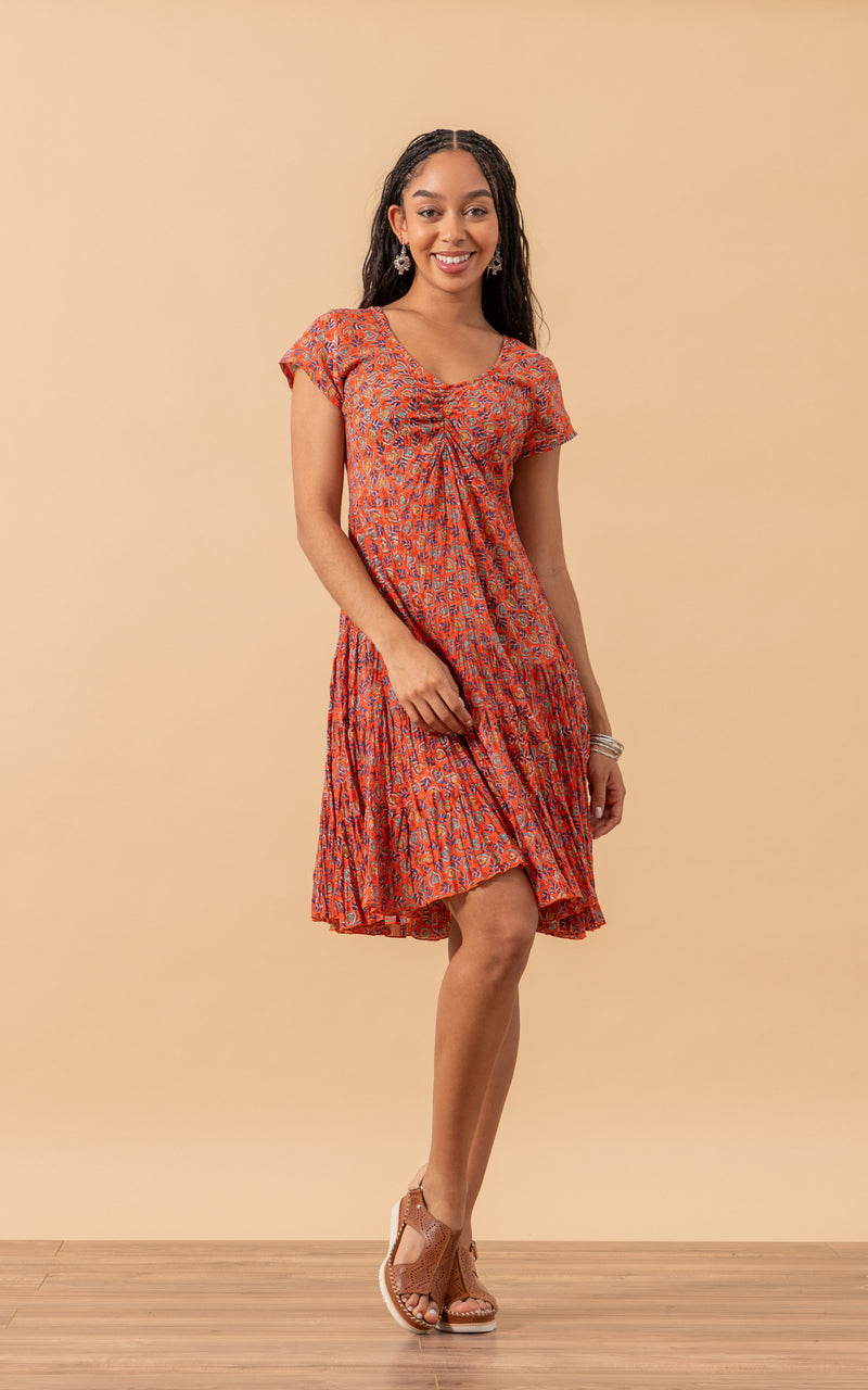 Paloma Dress, Short, Cap Sleeve, Orange Calico