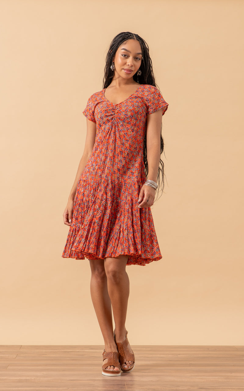Paloma Dress, Short, Cap Sleeve, Orange Calico