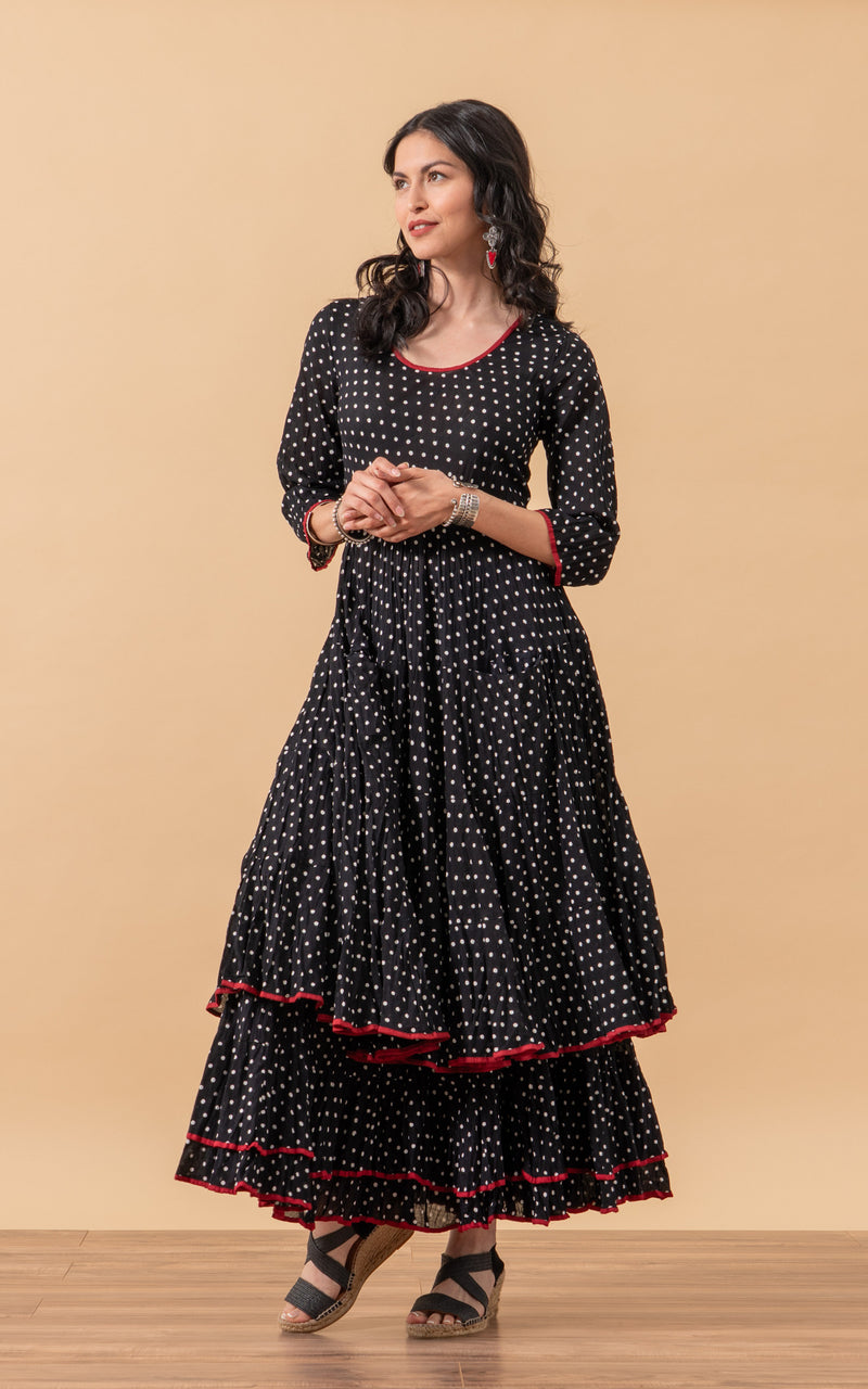 Santa Fe Dress, Long, 3/4 Sleeve, Spanish Dot Passementrie Santa Fe Dress, Long, 3/4 Sleeve, Spanish Dot Passementrie