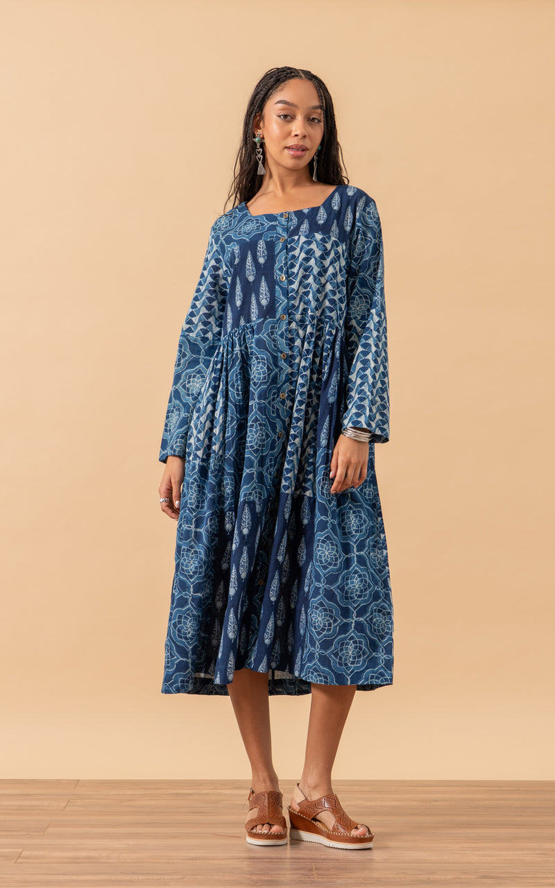 Tokyo Dress, Long Sleeve, Indigo Patchwork – Passementrie