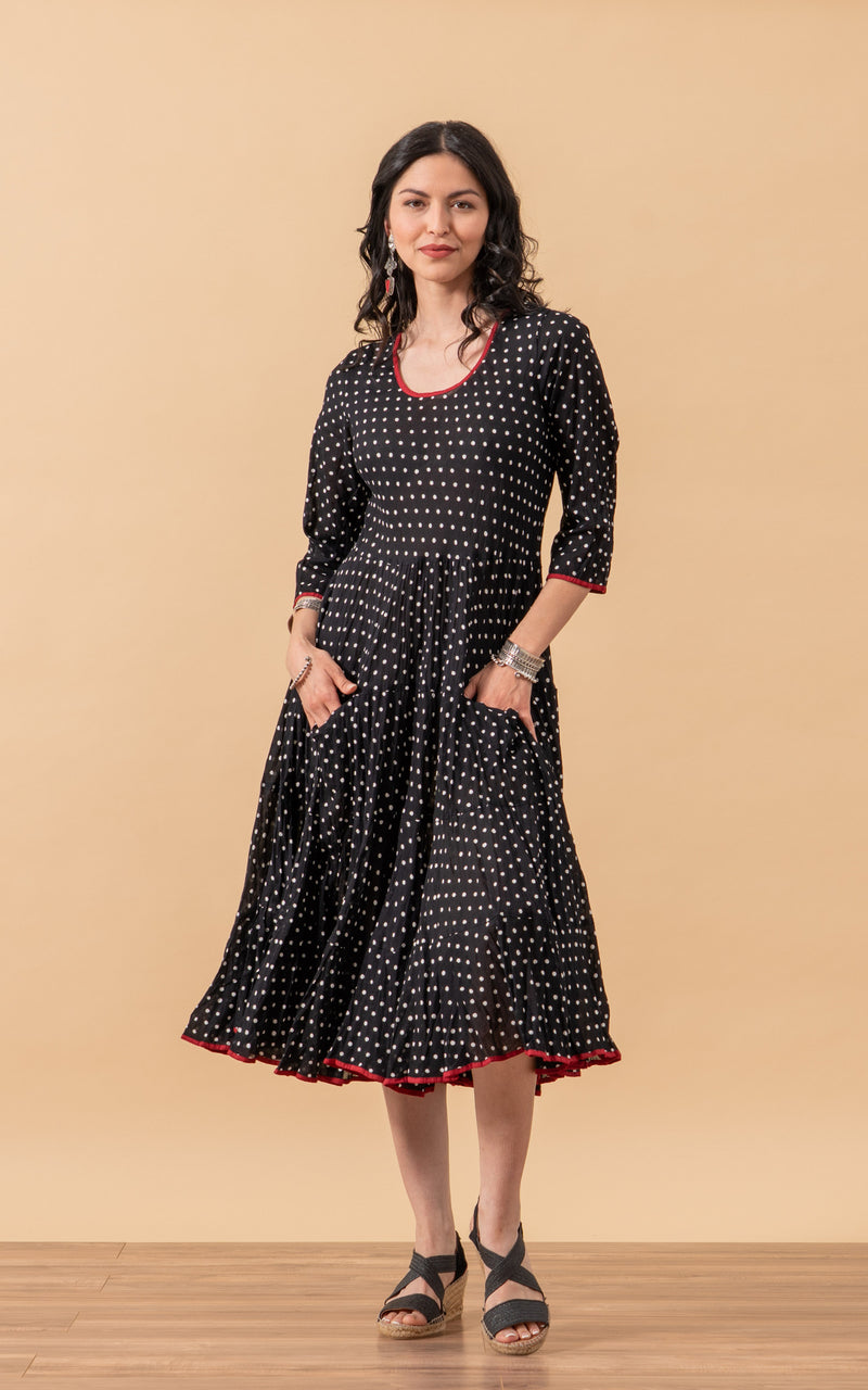 Santa Fe Dress, Long, 3/4 Sleeve, Spanish Dot Passementrie Santa Fe Dress, Long, 3/4 Sleeve, Spanish Dot Passementrie