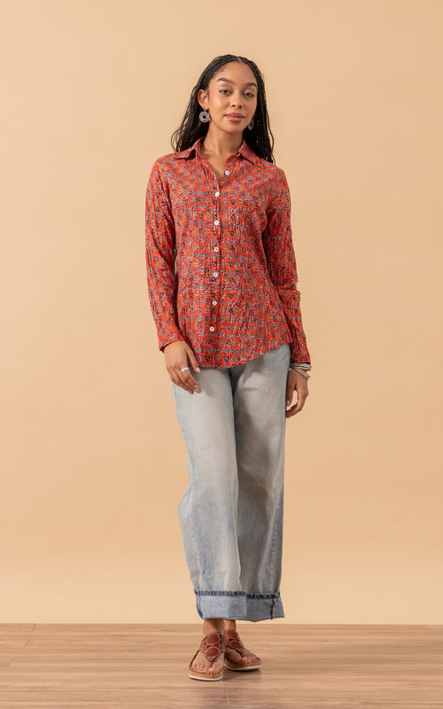 Regina Blouse, Long Sleeve, Orange Calico