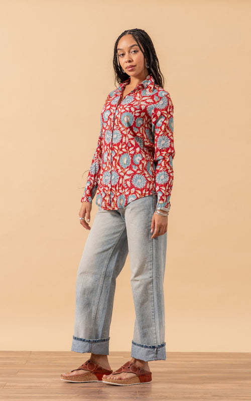 Regina Blouse, Long Sleeve, Red & Turquoise Floral