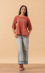 Puebla Blouse, 3/4 Sleeve, Orange Calico