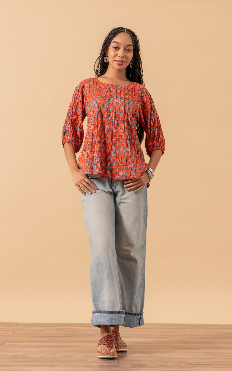Puebla Blouse, 3/4 Sleeve, Orange Calico