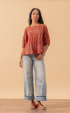 Puebla Blouse, 3/4 Sleeve, Orange Calico