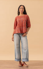 Puebla Blouse, 3/4 Sleeve, Orange Calico