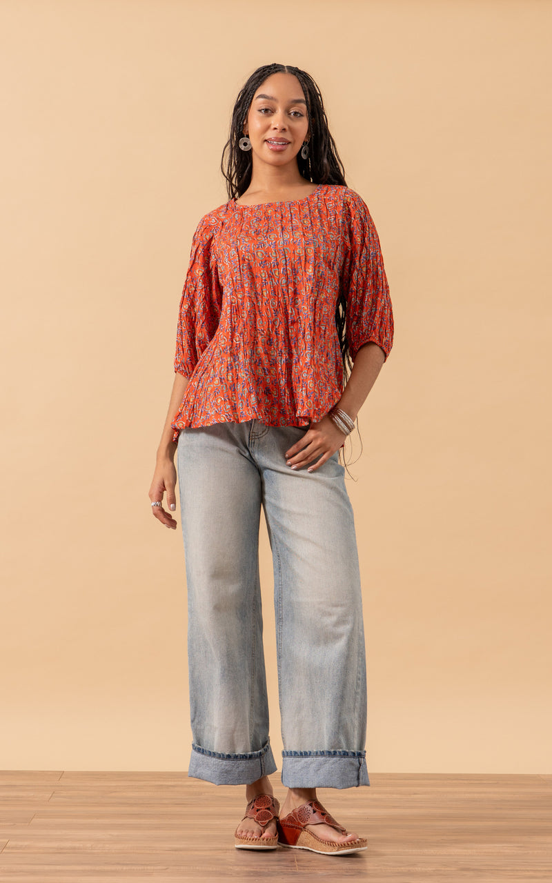 Puebla Blouse, 3/4 Sleeve, Orange Calico