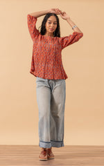 Puebla Blouse, 3/4 Sleeve, Orange Calico