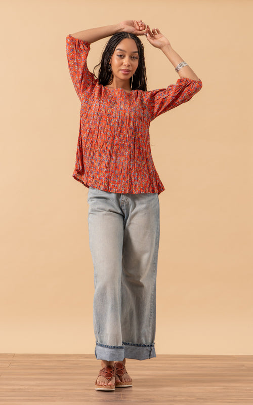 Puebla Blouse, 3/4 Sleeve, Orange Calico