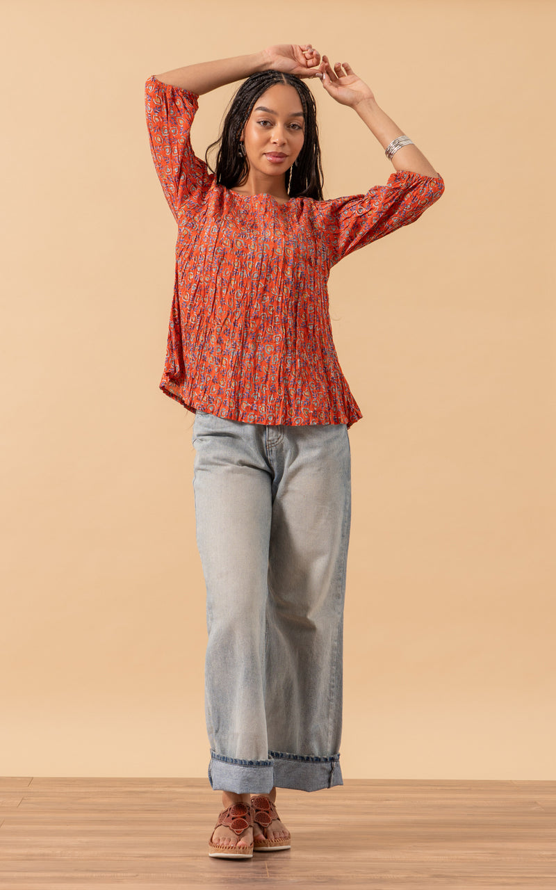 Puebla Blouse, 3/4 Sleeve, Orange Calico