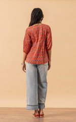 Puebla Blouse, 3/4 Sleeve, Orange Calico