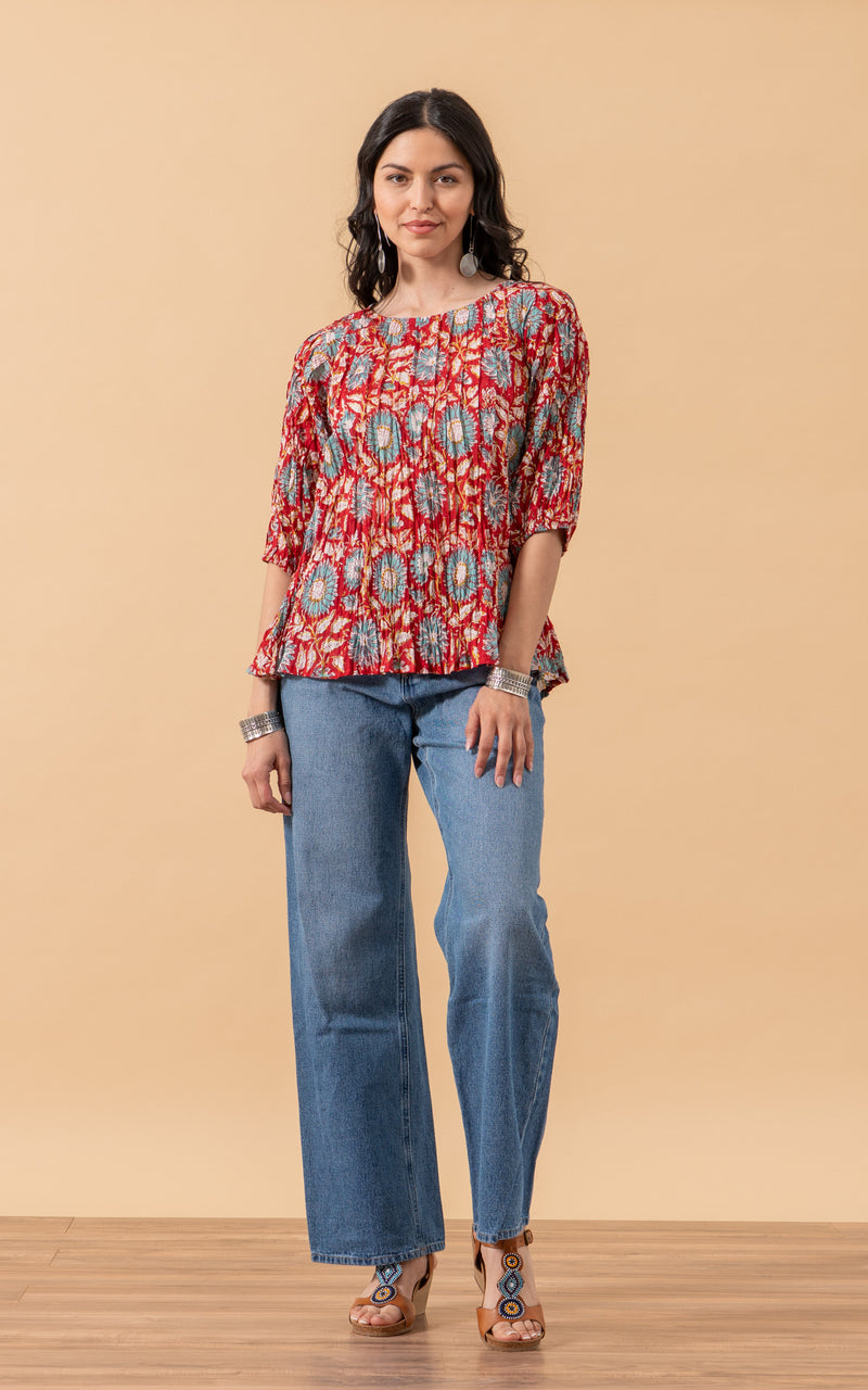 Puebla Blouse, 3/4 Sleeve, Red & Turquoise Floral