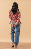Puebla Blouse, 3/4 Sleeve, Red & Turquoise Floral