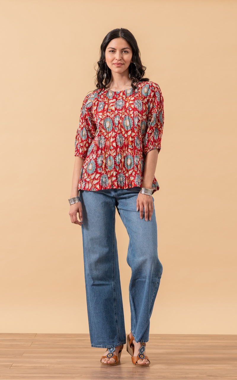Puebla Blouse, 3/4 Sleeve, Red & Turquoise Floral