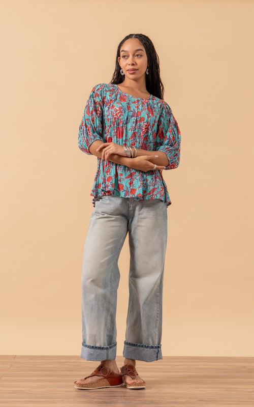Puebla Blouse, 3/4 Sleeve, Gemma Turquoise