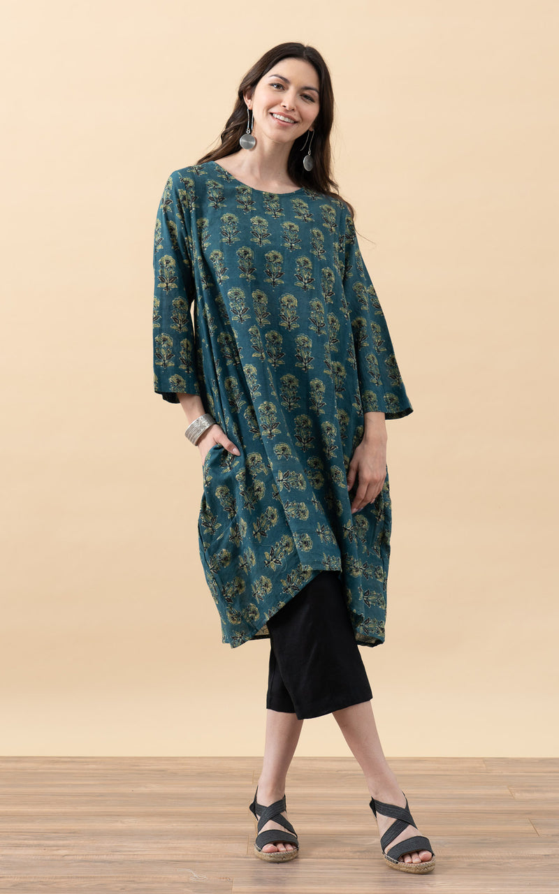 Bubble Tunic, 3/4 Sleeve, Citron Flower