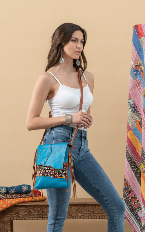 Desert Tribe Crossbody with Flap, Turquoise/patchwork