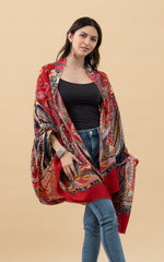 Silk Wool Shawl, Large, Red Fancy