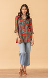 Violeta Blouse, 3/4 Sleeve, Turquoise & Orange Rose