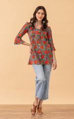 Violeta Blouse, 3/4 Sleeve, Turquoise & Orange Rose