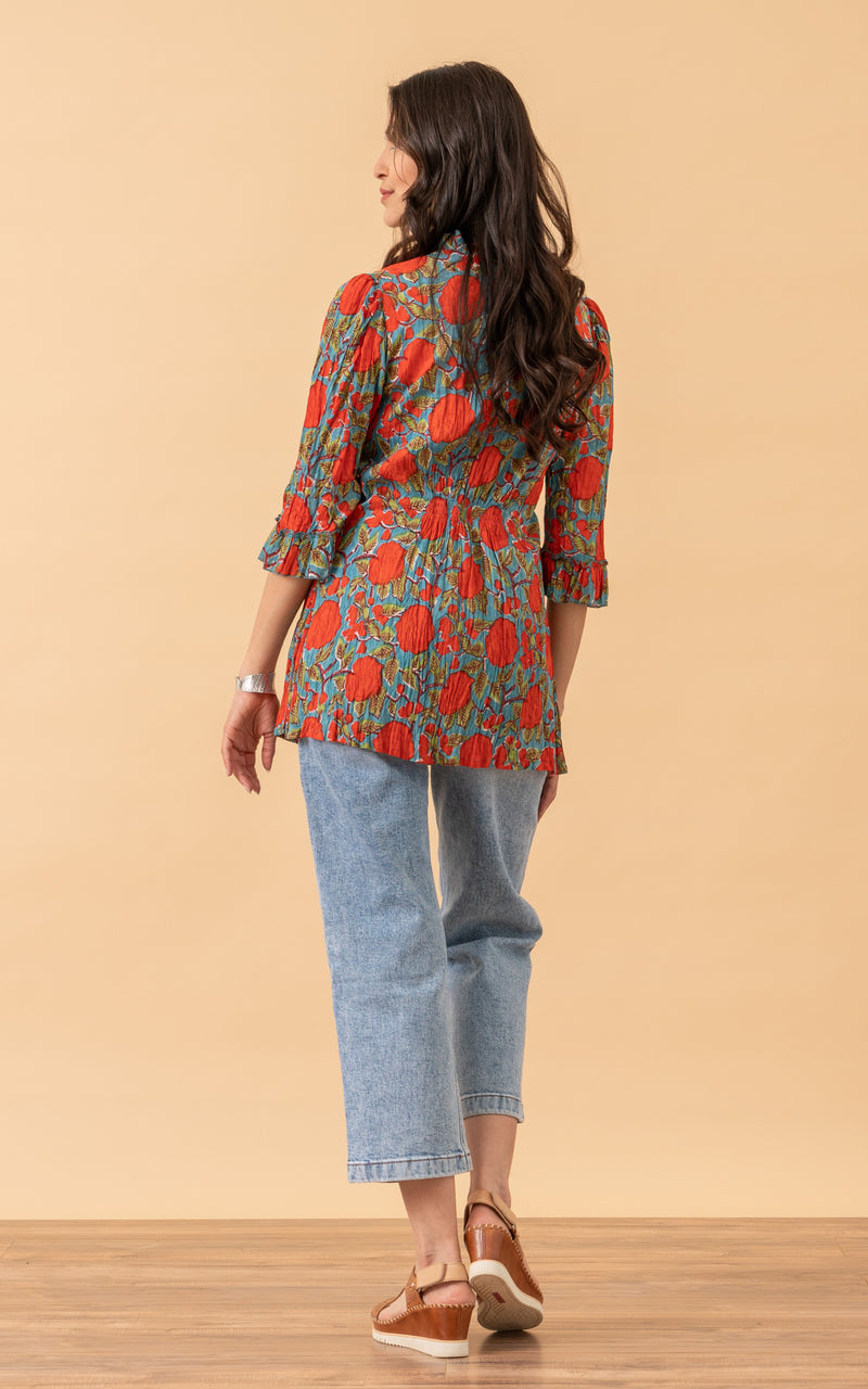 Violeta Blouse, 3/4 Sleeve, Turquoise & Orange Rose