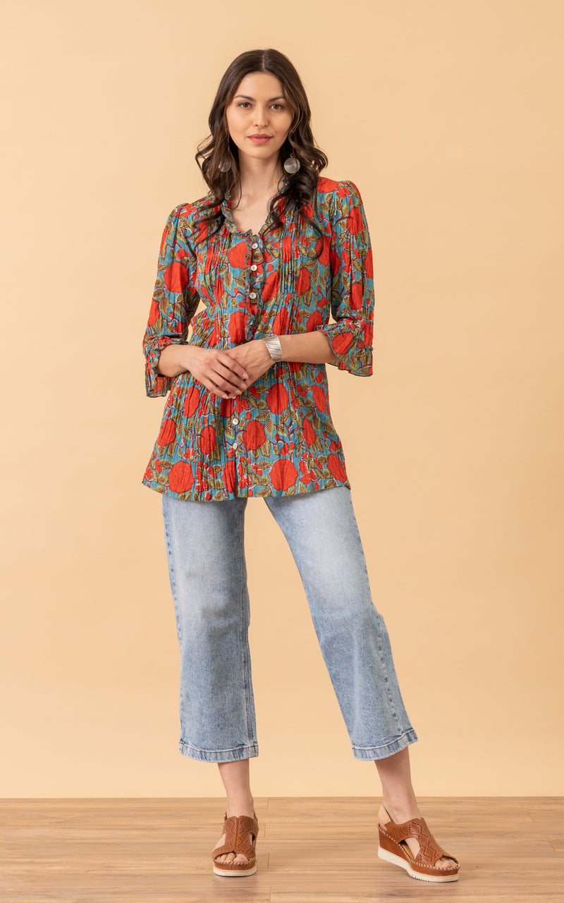 Violeta Blouse, 3/4 Sleeve, Turquoise & Orange Rose