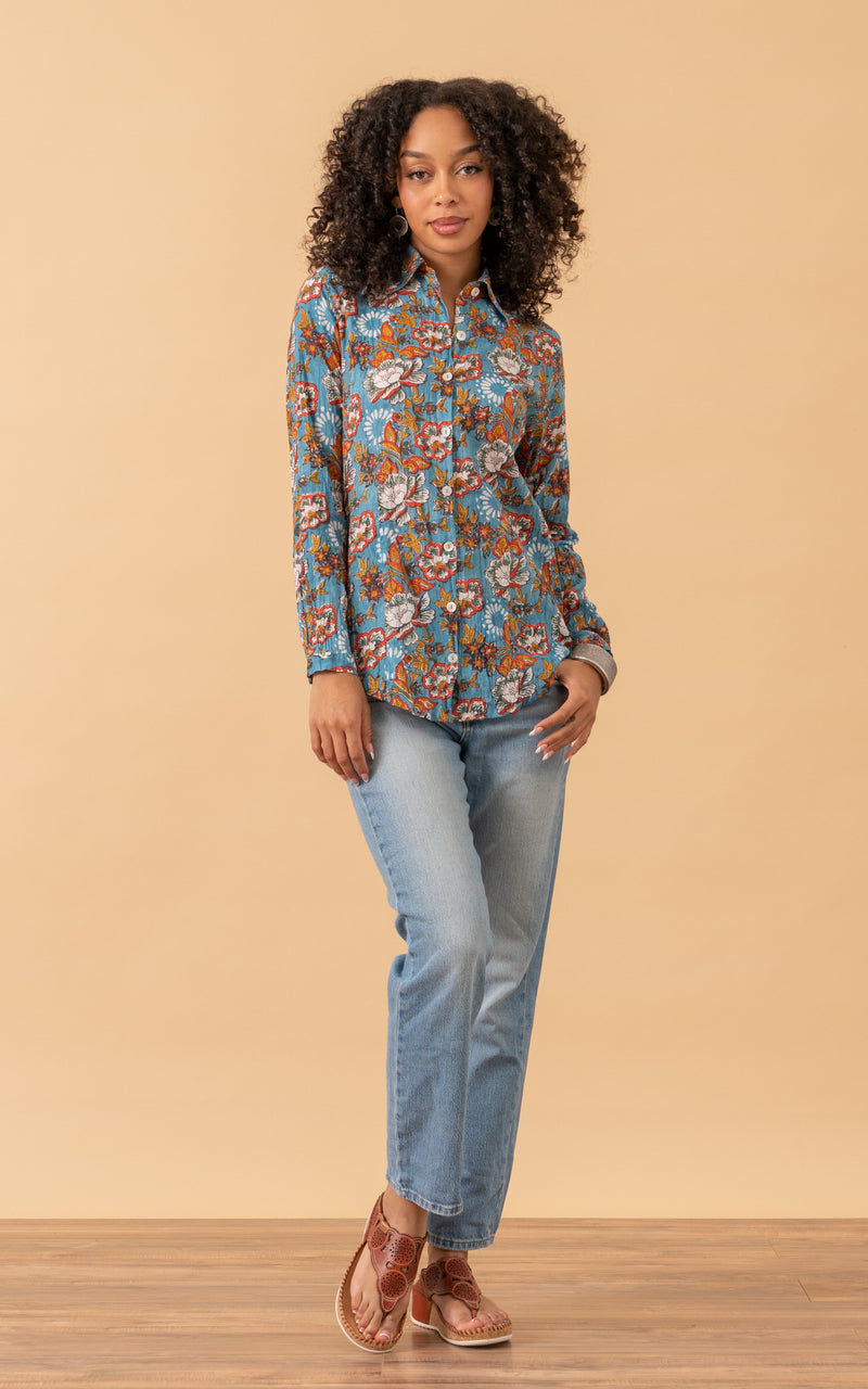 Regina Blouse, Long Sleeve, Blue Tegan