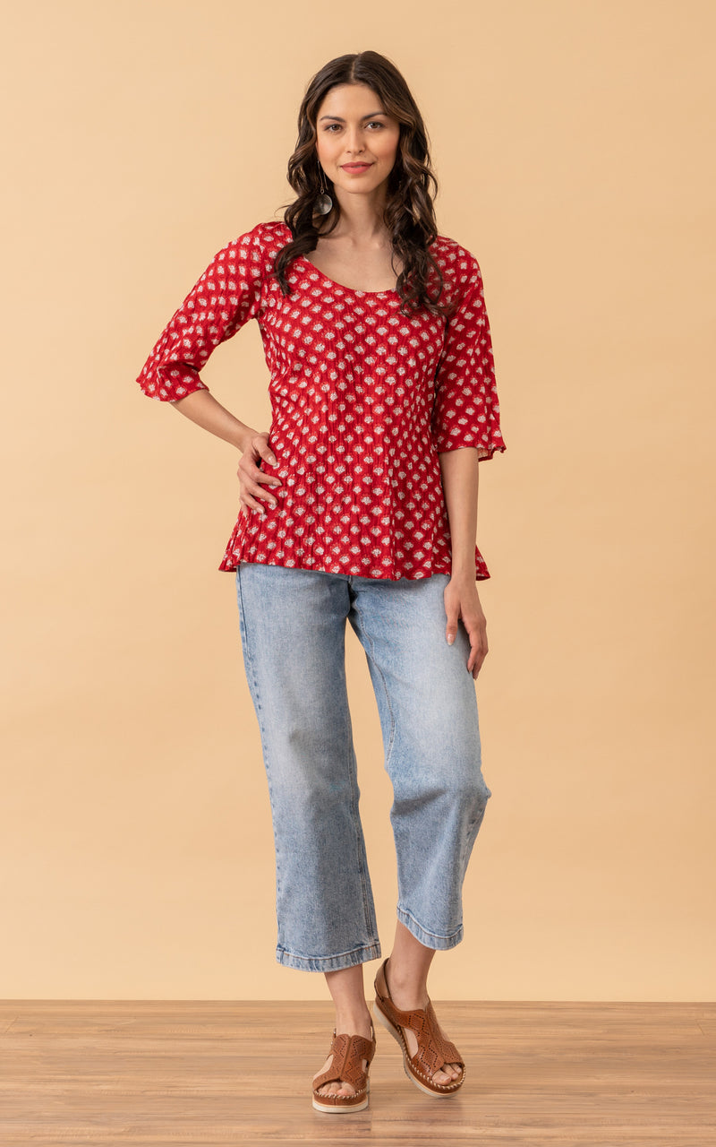 Basic Blouse, 3/4 Sleeve, Red Lotus