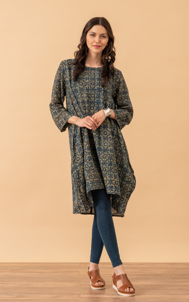 Bubble Tunic, 3/4 Sleeve, Ochre Indigo