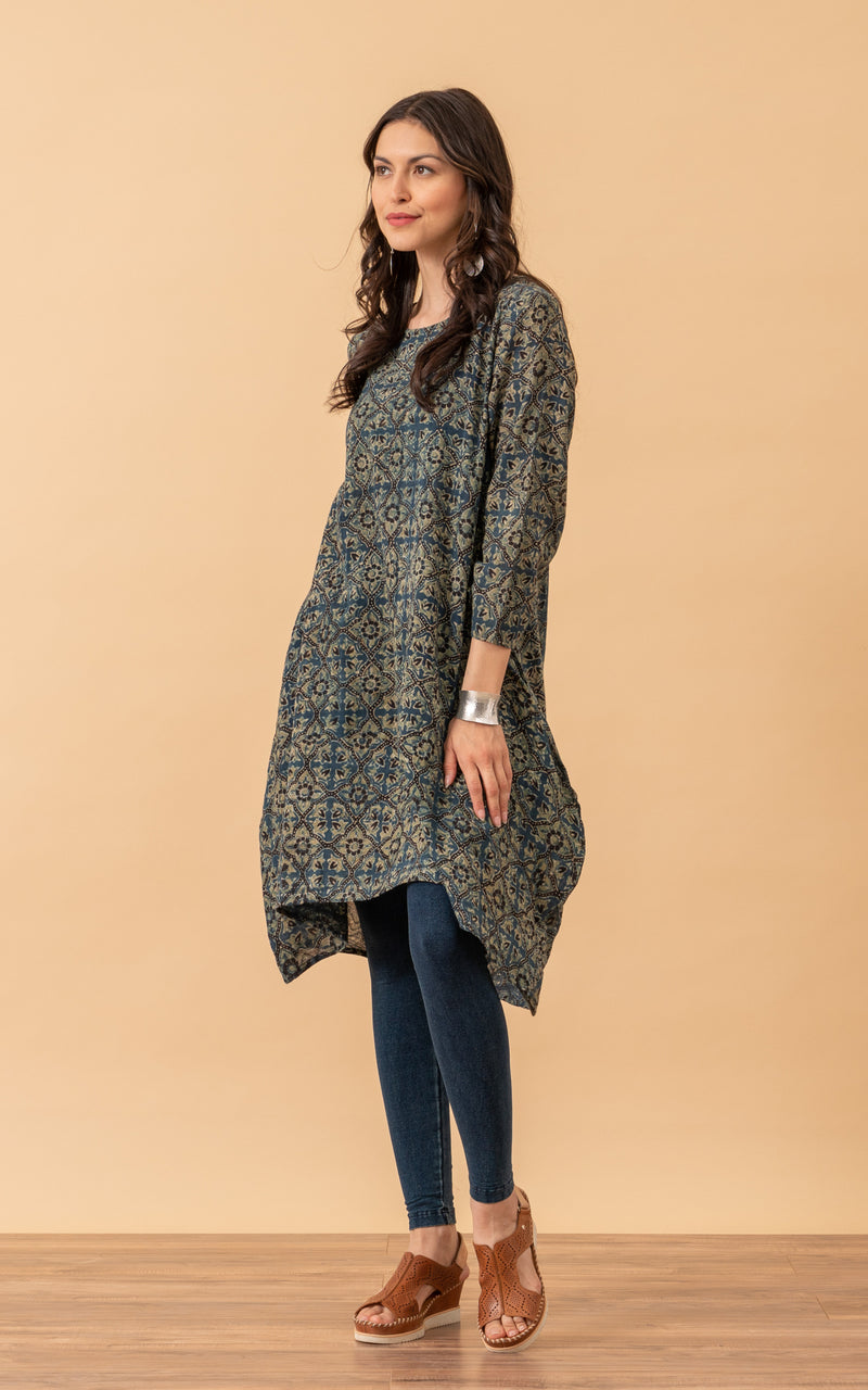 Bubble Tunic, 3/4 Sleeve, Ochre Indigo