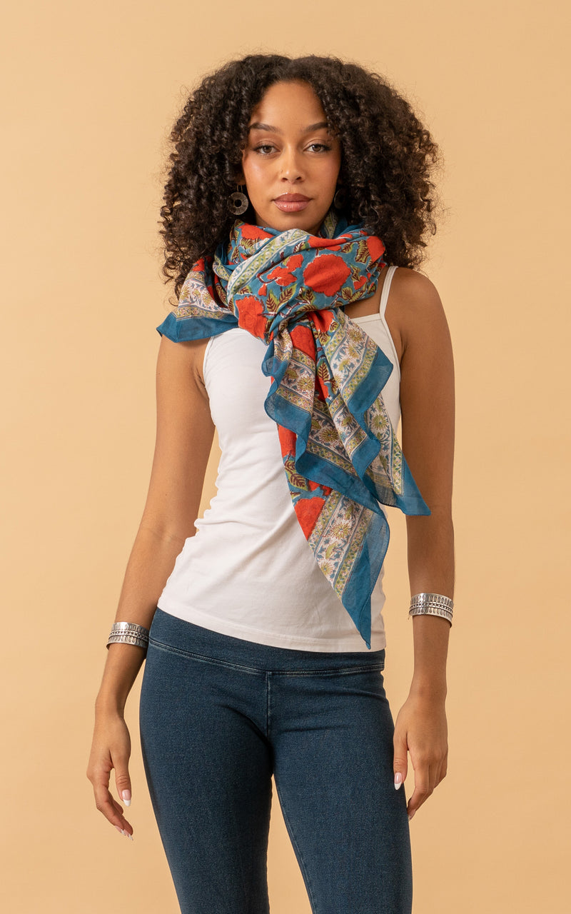 Sarong/Shawl, Turquoise & Orange Rose