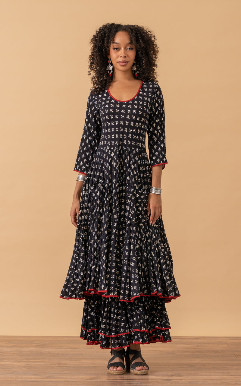 Santa Fe Dress, Long, 3/4 Sleeve, Black Calico