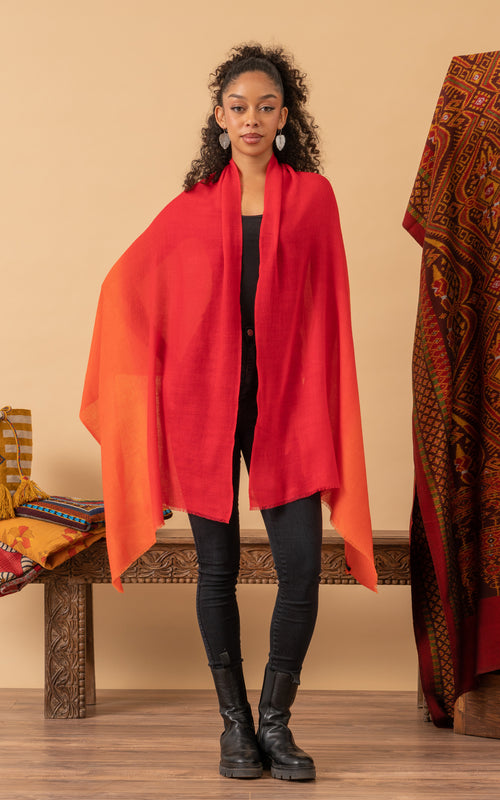 Silk Wool Shawl, Ombre Red-Orange