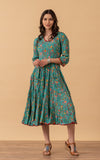 Santa Fe Dress, Long, 3/4 Sleeve, Peacock Floral