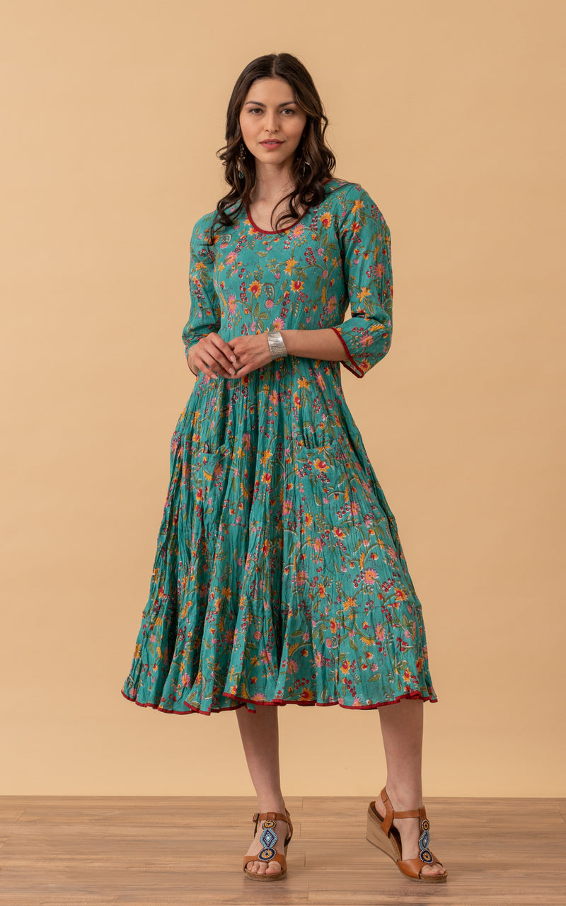 Santa Fe Dress, Long, 3/4 Sleeve, Peacock Floral