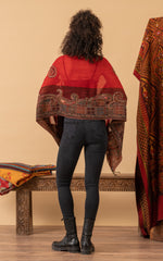 Boiled Wool Shawl, Embroidery, Red Checks