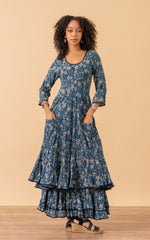 Santa Fe Dress, Long, 3/4 Sleeve, Indigo Lily