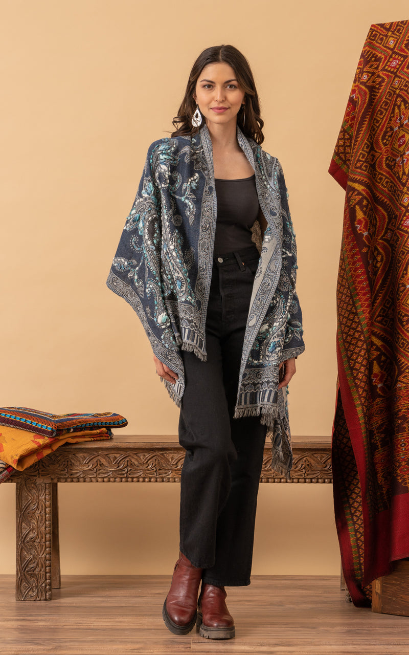 Boiled Wool Shawl, Embroidery, Denim Paisley