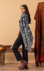 Boiled Wool Shawl, Embroidery, Denim Paisley