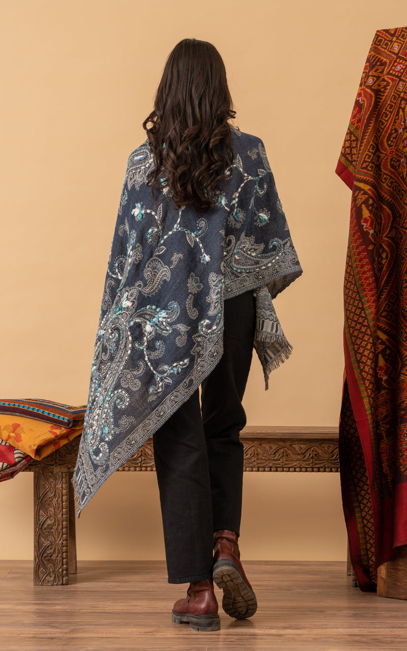 Boiled Wool Shawl, Embroidery, Denim Paisley