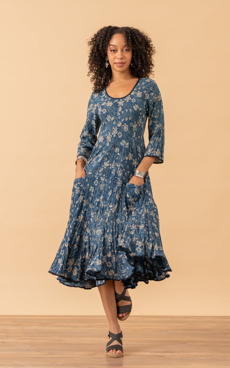 Santa Fe Dress, Long, 3/4 Sleeve, Indigo Lily