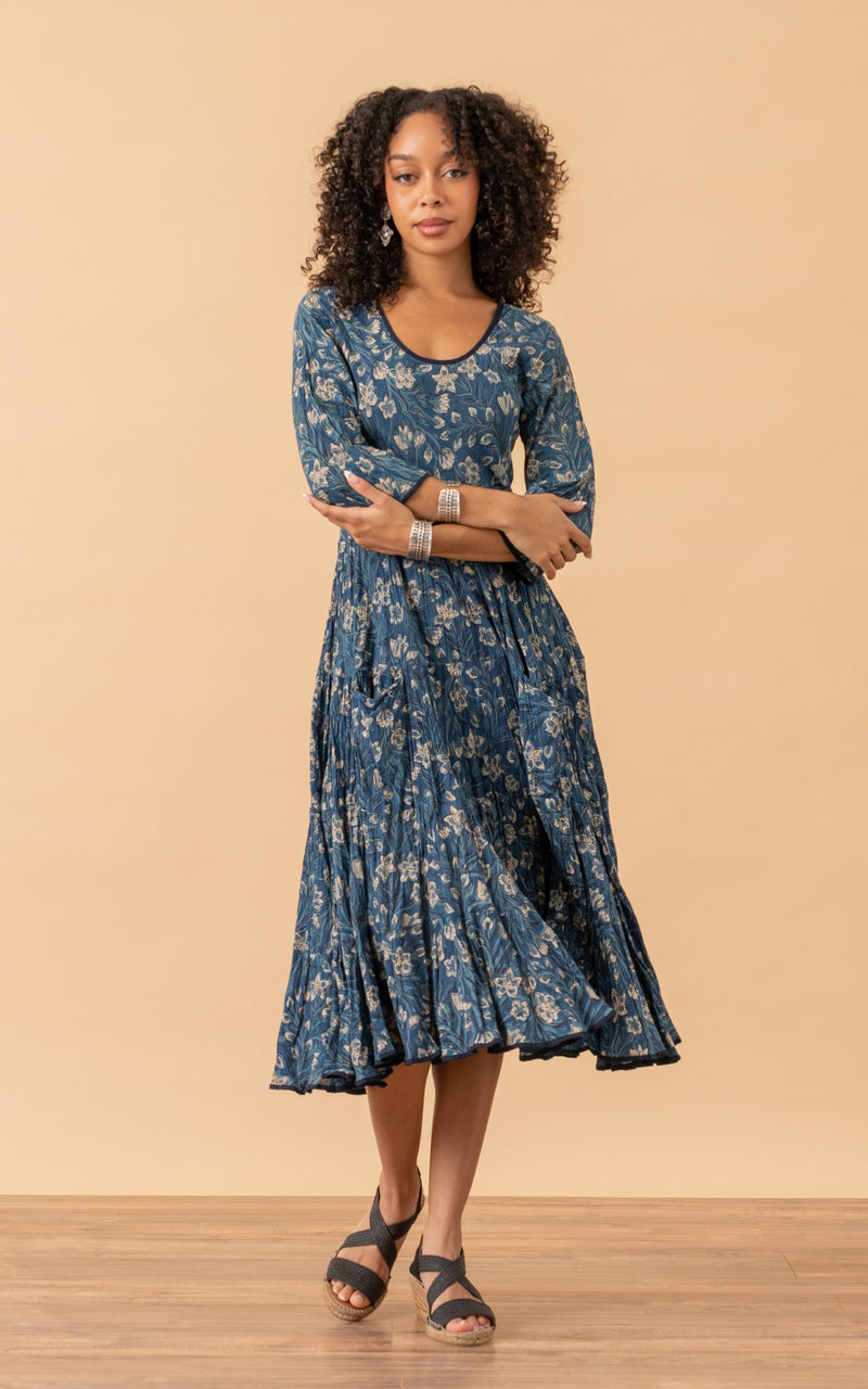 Santa Fe Dress, Long, 3/4 Sleeve, Indigo Lily