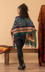 Boiled Wool Shawl, Embroidery, Teal Multi