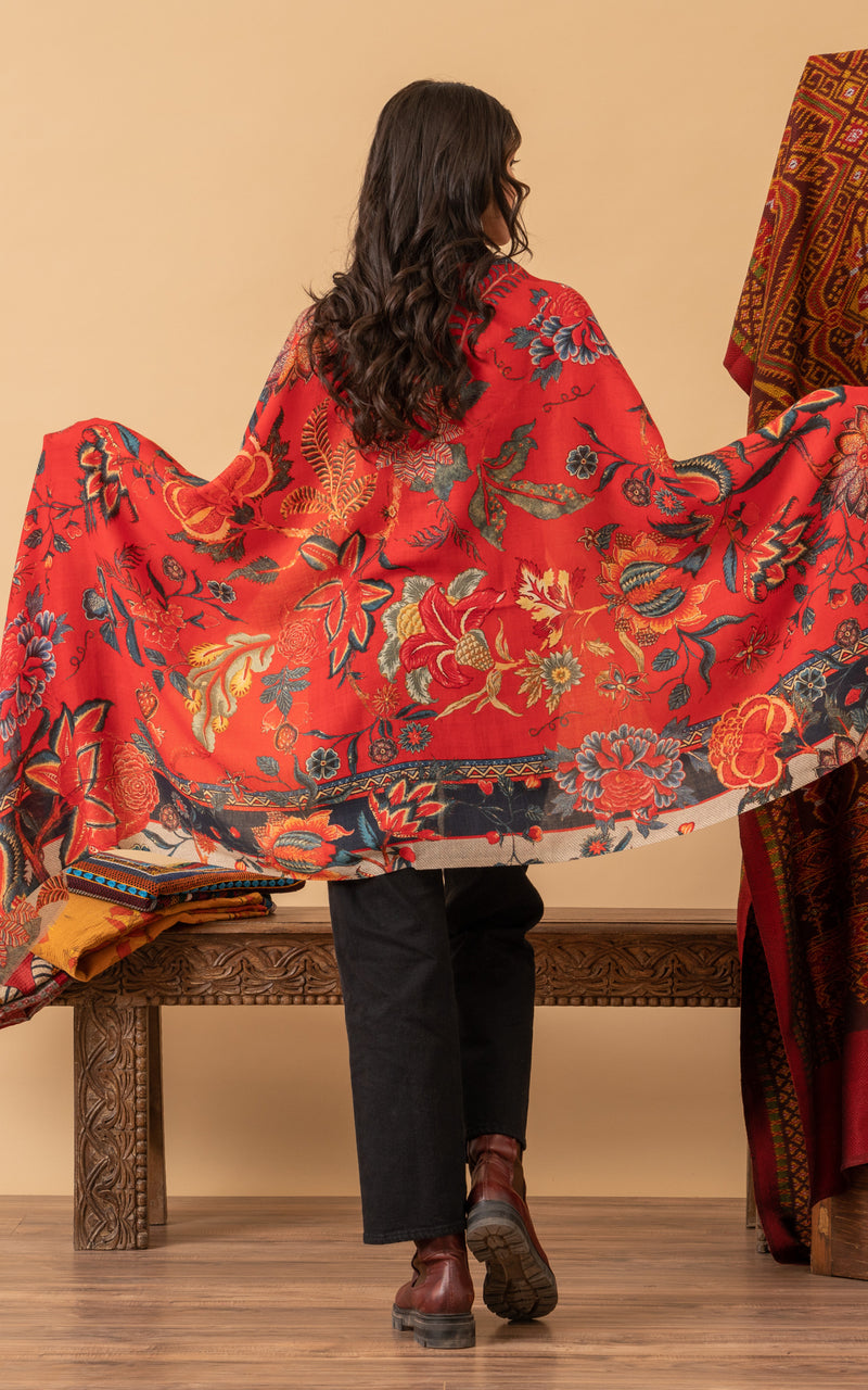 Silk Wool Shawl, Large, Red Chintz