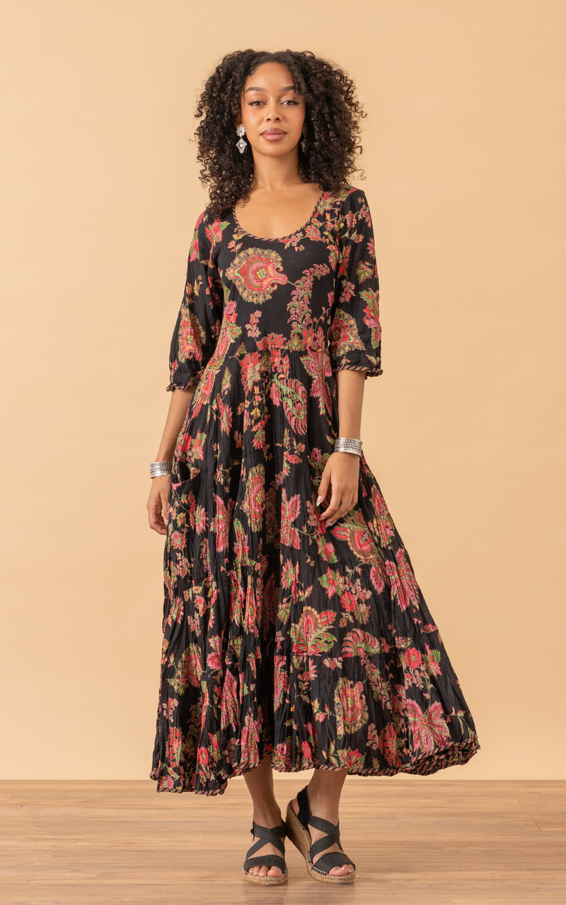 Santa Fe Dress, Long, 3/4 Sleeve, Meena Kari Black & Pink