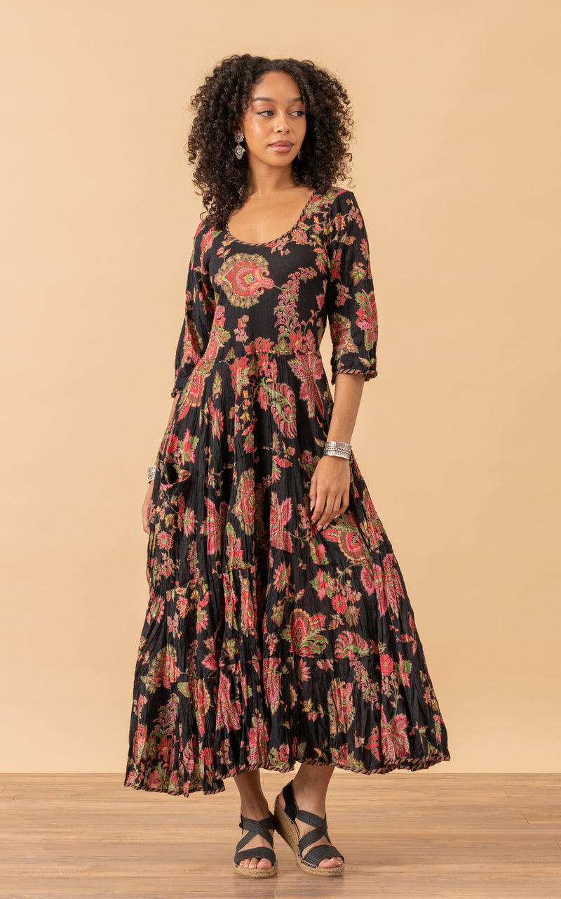 Santa Fe Dress, Long, 3/4 Sleeve, Meena Kari Black & Pink