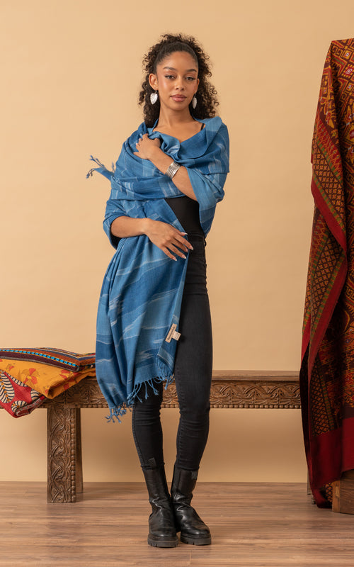 Indigo Handwoven Shawl, Border Zag